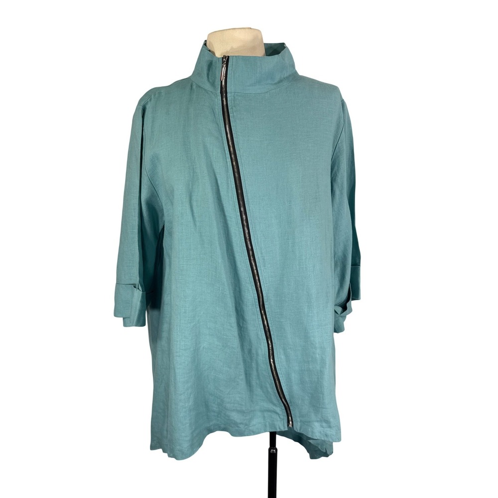 Comfy USA Teal Linen Asymmetrical Zip Mock Neck Tunic Top Jacket Lagenlook M